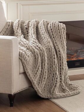 Chunky Knit Blanket Throw, 100% Hand Knit Handmade Chenille Cable Knit Throw